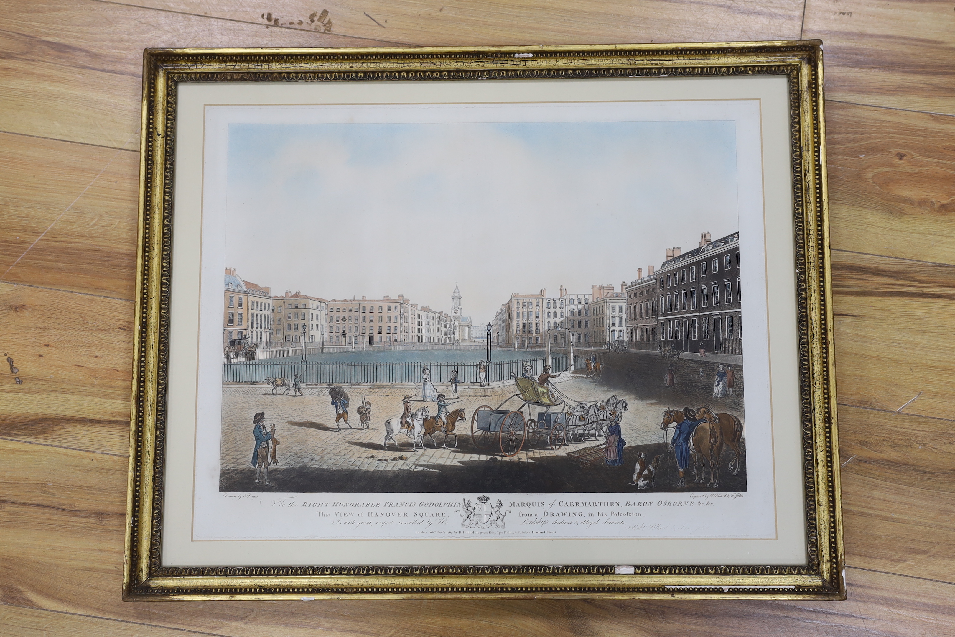 After Edward Dayes (1763-1804), hand coloured engraving, View of Hanover Square, published London, 1st December 1787, R Pollard, 45 x 58cm